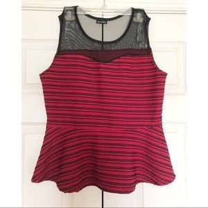 Red and Black Striped Mesh Peplum Tank